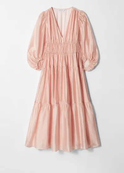 & Other Stories Midaxi Dress With Volume Sleeves And Shirred Bodice Detail In Pink