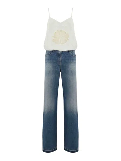 Elisabetta Franchi Trompe-loeil Jumpsuit In Denim And Crepe In Blue