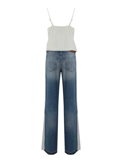 Elisabetta Franchi Trompe-loeil Jumpsuit In Denim And Crepe In Blue