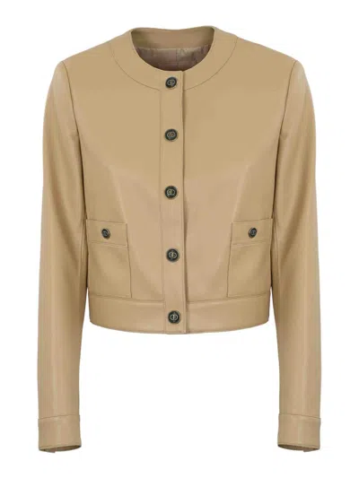 Twinset Nappa Effect Jacket With Oval-t Buttons In Beige