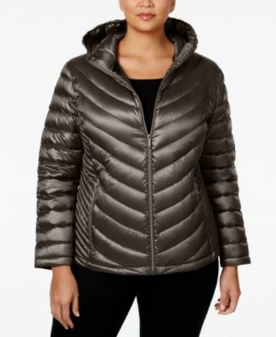 Calvin Klein Plus Size Packable Down Hooded Puffer Coat, Only At Macy&#039;s In Shine Granite