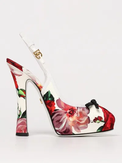 Dolce & Gabbana Satin Pumps With Floral Print And Bow In White
