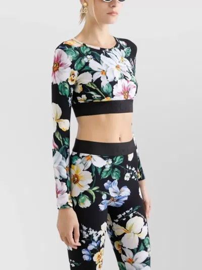 Dolce & Gabbana Activewear Crop Top In Floral-print Jersey In Black