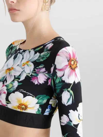 Dolce & Gabbana Activewear Crop Top In Floral-print Jersey In Black