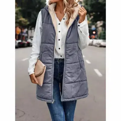 Elook Sherpa Lined Long Vest With Hood In Grayish Blue In Multi