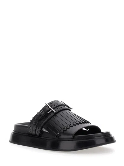 Alexander Mcqueen Alexander Mc Queen T Bar Fringed Black Sandals In Black