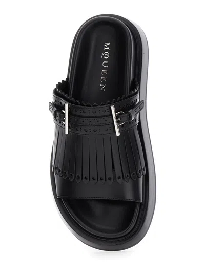 Alexander Mcqueen Alexander Mc Queen T Bar Fringed Black Sandals In Black