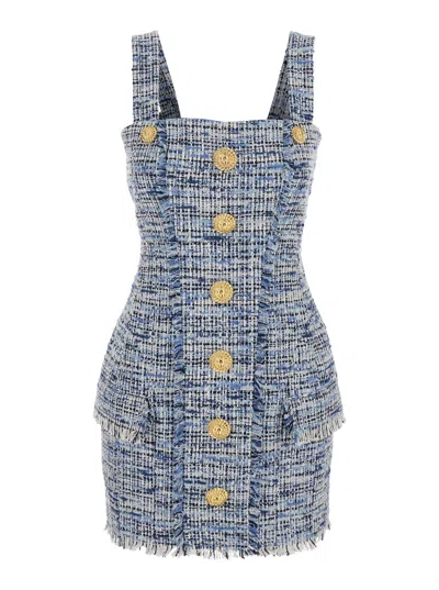 Balmain Blue Dress With Frayed Details In Tweed Woman