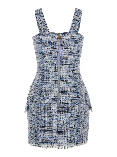 Balmain Blue Dress With Frayed Details In Tweed Woman