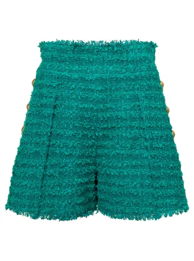 Balmain Green Shorts High Waist With Pinces And Fringed Hem In Multicolor