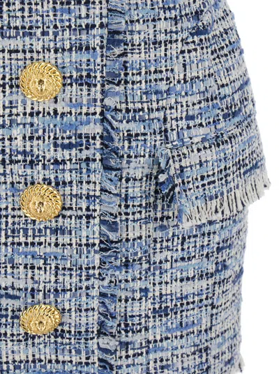 Balmain Blue Dress With Frayed Details In Tweed Woman