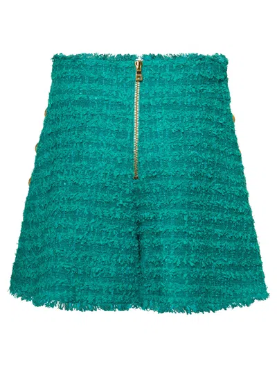 Balmain Green Shorts High Waist With Pinces And Fringed Hem In Multicolor