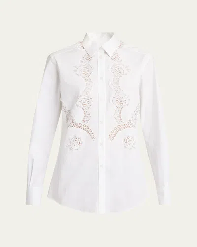 Dolce & Gabbana Long-sleeve Button-front Lace-inset Poplin Blouse In White