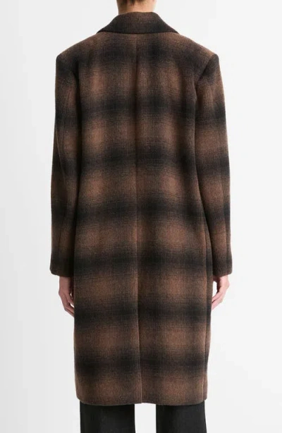 Vince Shadow Plaid Wool-blend Car Coat In Deep Walnut