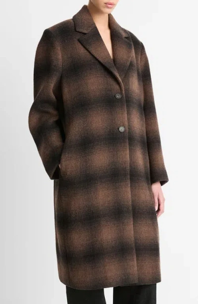 Vince Shadow Plaid Wool-blend Car Coat In Deep Walnut