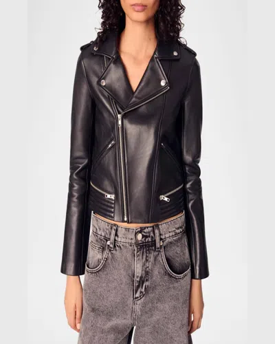 Maje Basaltm Leather Biker Jacket In Black