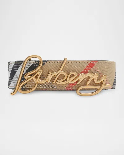 Burberry Reversible Check Belt In Sand Check Black