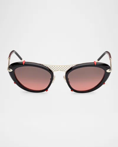 Christian Louboutin Spiked Oval Acetate Sunglasses In Shiny Black Front Shiny Pale Gold Red Gradient