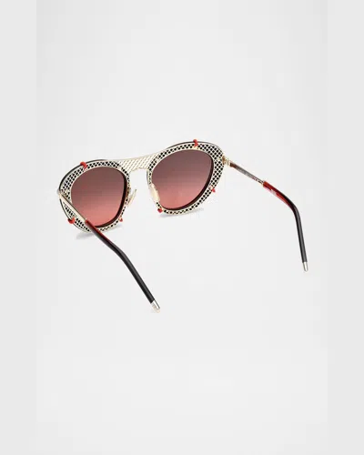 Christian Louboutin Spiked Oval Acetate Sunglasses In Shiny Black Front Shiny Pale Gold Red Gradient