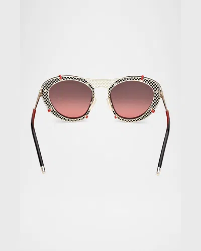 Christian Louboutin Spiked Oval Acetate Sunglasses In Shiny Black Front Shiny Pale Gold Red Gradient