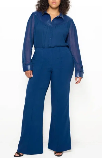 As By Df Jenna Button-front Georgette Blouse In Navy Blue
