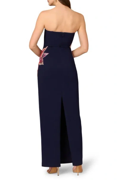 Aidan Mattox By Adrianna Papell Bead Embellished Strapless Column Gown In Navy