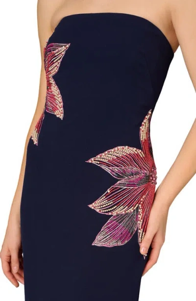 Aidan Mattox By Adrianna Papell Bead Embellished Strapless Column Gown In Navy