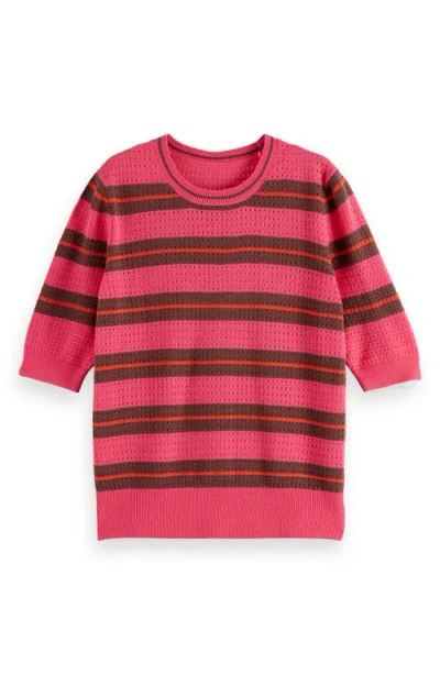 Scotch & Soda Relaxed Pointelle Short Sleeve Sweater In Electric Pink Stripe