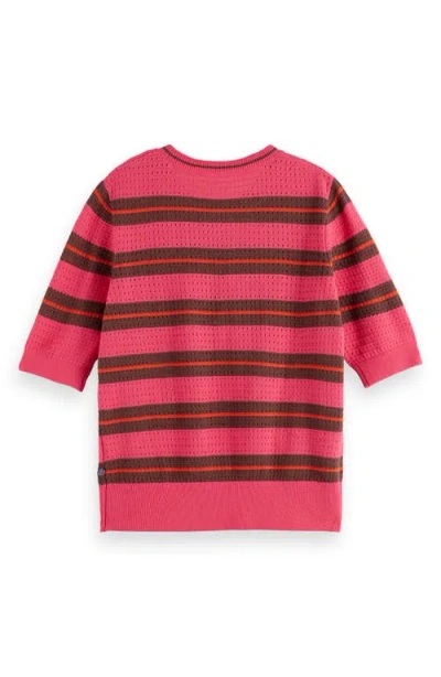 Scotch & Soda Relaxed Pointelle Short Sleeve Sweater In Electric Pink Stripe