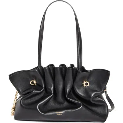 Ferragamo Medium Gancio Piercing Soft Leather Shoulder Bag In Nero