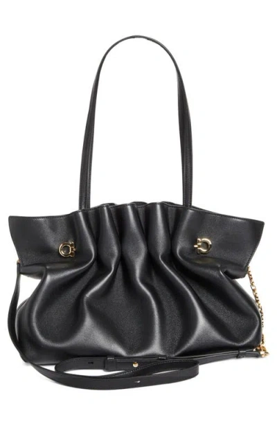 Ferragamo Medium Gancio Piercing Soft Leather Shoulder Bag In Nero