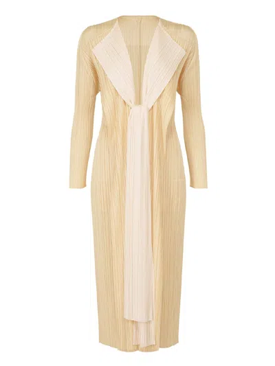 Pleats Please Open Pleated Coat "merry Bicolor" In Beige