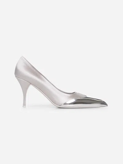 Prada Grey Satin And Metallic Leather Pumps