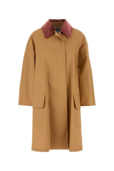 Prada Camel Cotton Overcoat In Brown