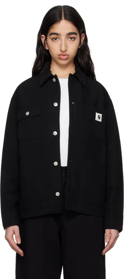 Carhartt Structured Short Coat With Button-up Front And Flap Pockets In Black / Black Rinsed