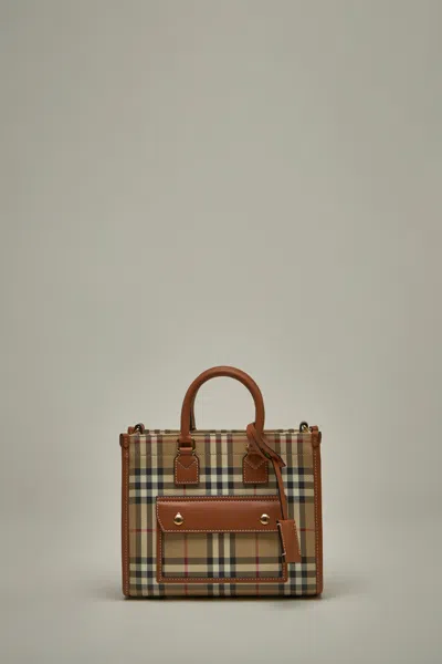 Burberry Mini Freya Tote In Check Coated Cotton Blend Bags In Beige