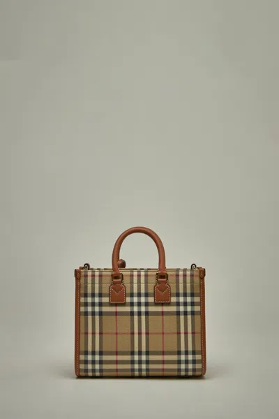 Burberry Mini Freya Tote In Check Coated Cotton Blend Bags In Beige