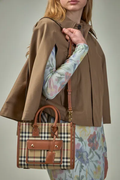 Burberry Mini Freya Tote In Check Coated Cotton Blend Bags In Beige