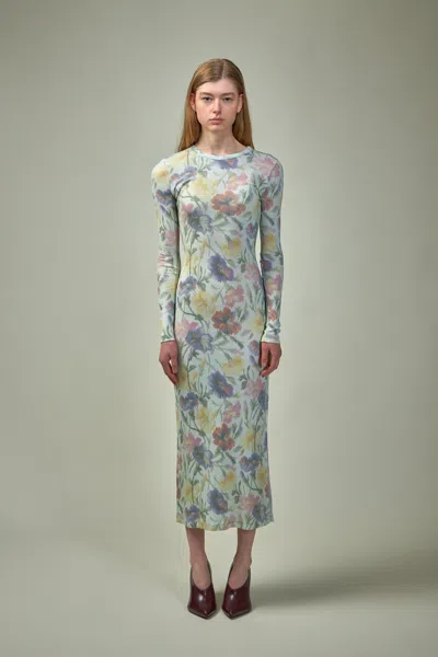 Loewe Ribbed Floral-print Silk-blend Midi Dress In Green
