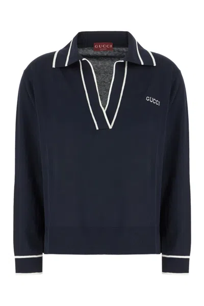 Gucci Blue Polo Shirt With V Neck And Logo Lettering On The Front In Silk And Cotton Woman