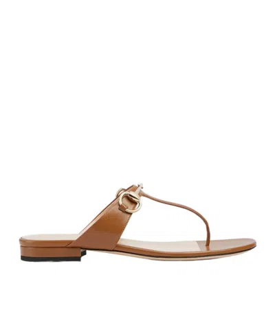 Gucci Lady Horsebit Leather Thong Sandals In Light Brown