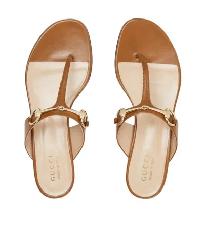 Gucci Lady Horsebit Leather Thong Sandals In Light Brown