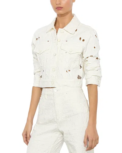 Alice And Olivia Chloe Eyelet-embroidered Denim Jacket In Off White