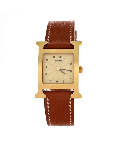 Pre-owned Pre-owned Hermes  Hermes Heure H Quartz Watch In Plated Metal And Leather 21mm In Dial Color: Gold