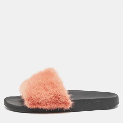 Pre-owned Givenchy Orange/black Mink Fur And Rubber Pool Flat Slides Size 41