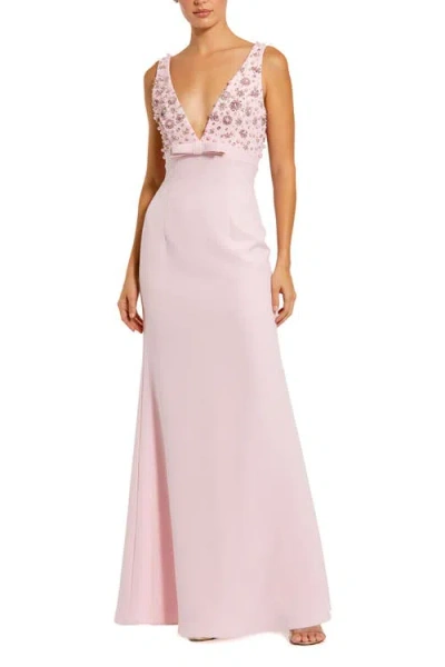 Mac Duggal Crepe Sleeveless Beaded V Neck Gown With Bow In Blush