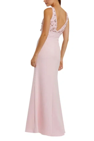 Mac Duggal Crepe Sleeveless Beaded V Neck Gown With Bow In Blush