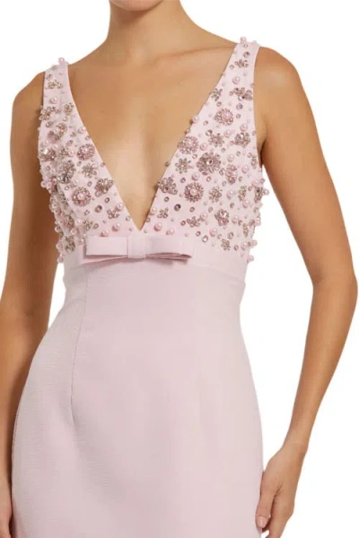 Mac Duggal Crepe Sleeveless Beaded V Neck Gown With Bow In Blush