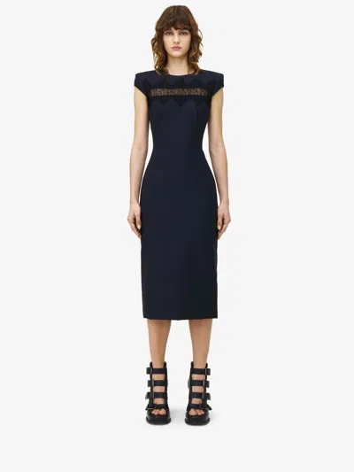 Alexander Mcqueen Wool Tailored Pencil Dress With Lace Details In Blue