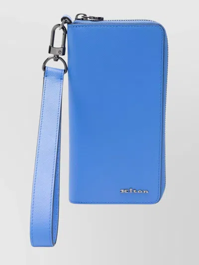 Kiton Calfskin Phone Holder Cardholder Wrist Strap In Blue